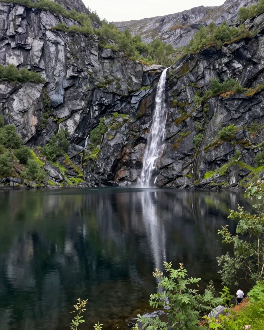 A quiet fjord mirrors steep cliffs and a lone waterfall in still water.