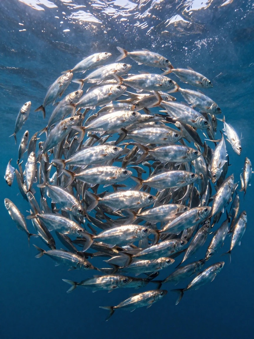 A school of silver fish swirling together in a tight shimmering ball