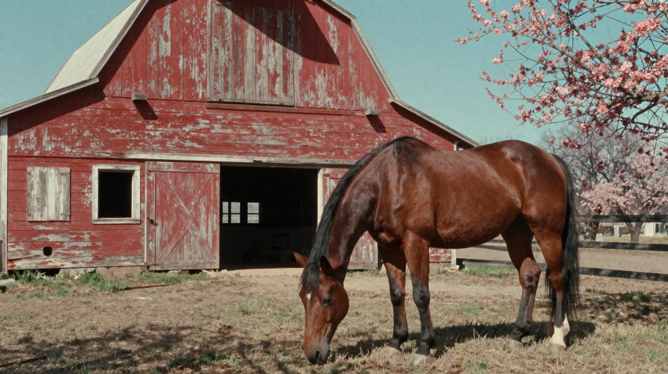 A horse grazing peacefully beside an old red barn, under harsh midday sun, in crisp, dry air, as spring blossoms unfurl, in vivid coral and turquoise hues, at eye level, intimate and direct.