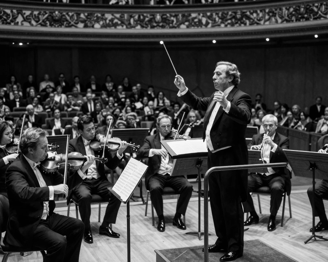 A conductor leads an orchestra through a crescendo before a packed concert hall.