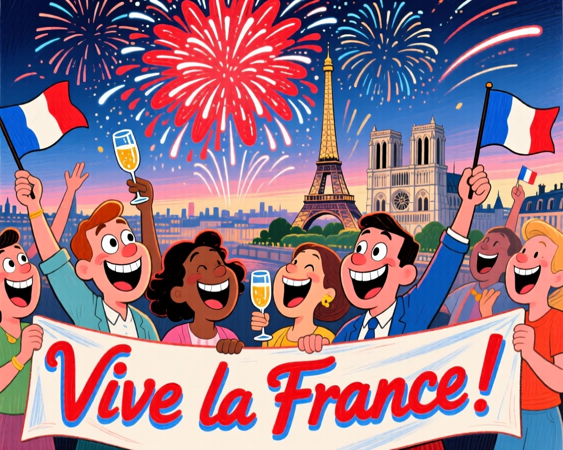 A group celebrating Bastille Day with a grand fireworks display over a city skyline.