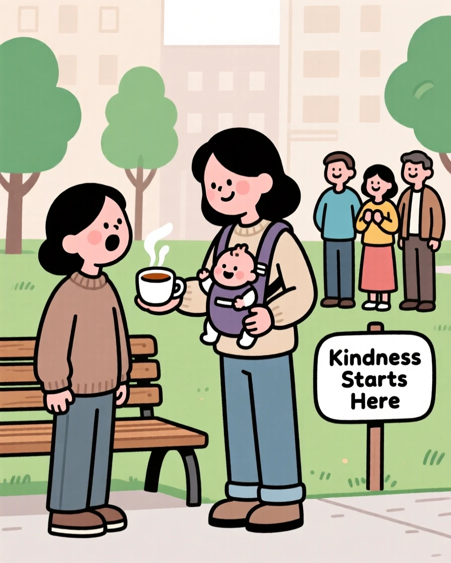 A heartwarming moment depicting a new parent offering a kind gesture to someone in need, surrounded by loved ones cheering quietly.