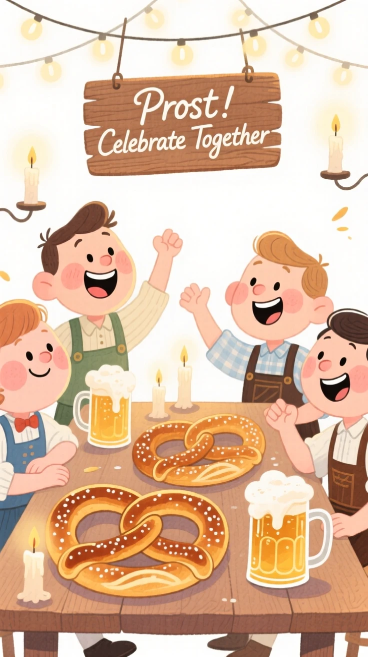 A joyful celebration scene of a cozy Oktoberfest table with pretzels and steins, glowing with soft festive light