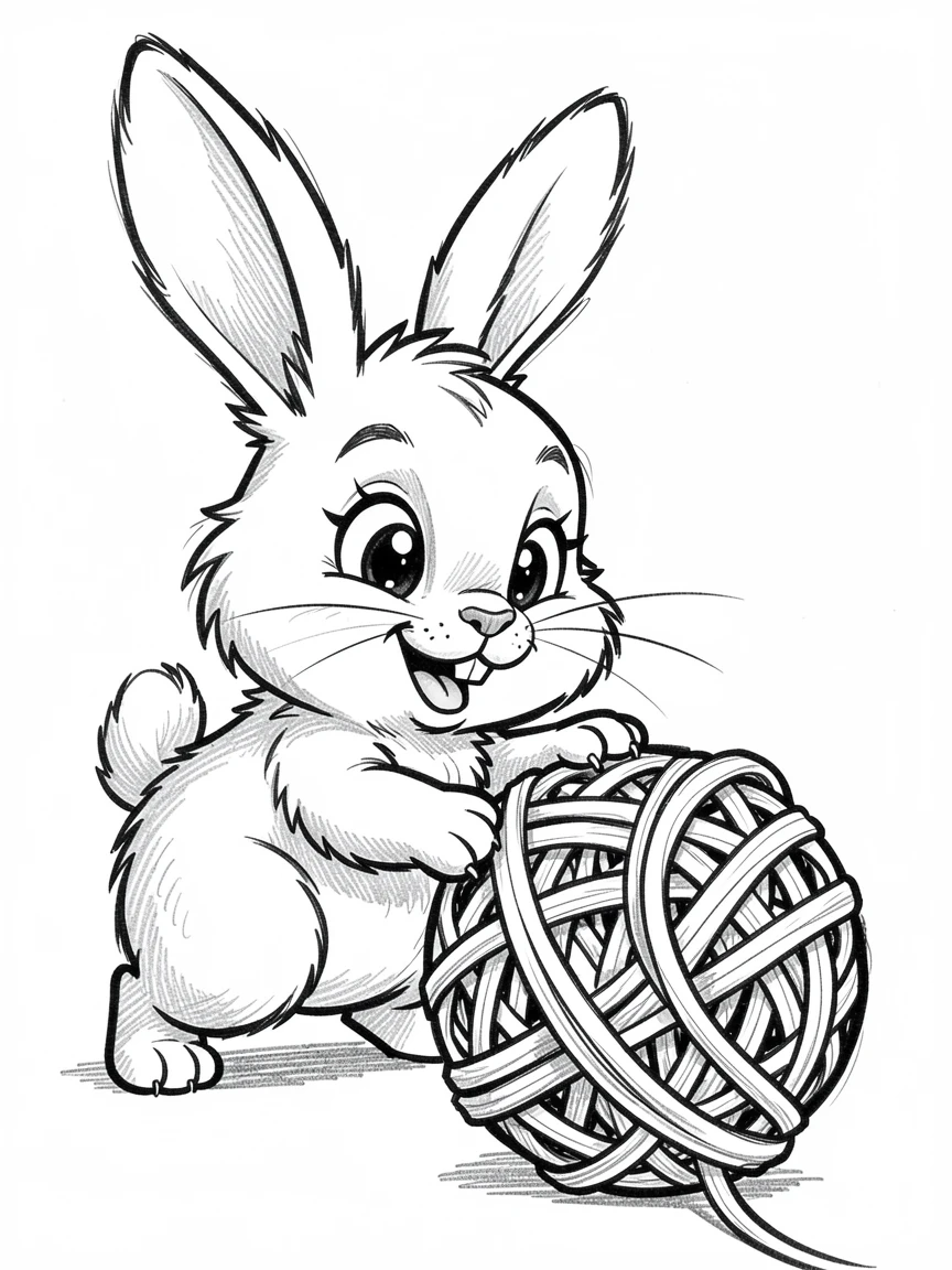 [Cute Animals & Pets] Adorable scene of a fluffy bunny playing with a ball of yarn, bursting with charm and playful energy