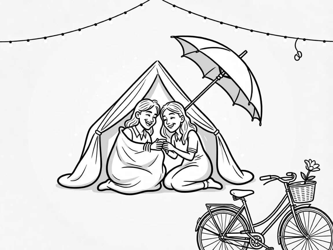 Two people building a blanket fort together, huddling close as the umbrella tips sideways, set at a wedding reception decorated with fairy lights. The bike's basket holds a single, forgotten flower. It radiates warmth, laughter, and quiet devotion.