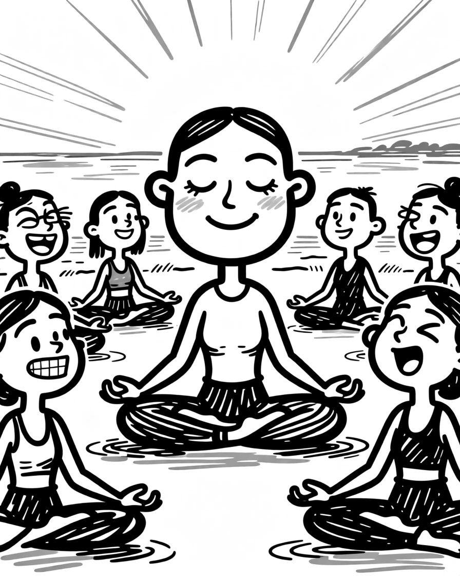 A yoga instructor guiding a class through a peaceful pose at golden hour.