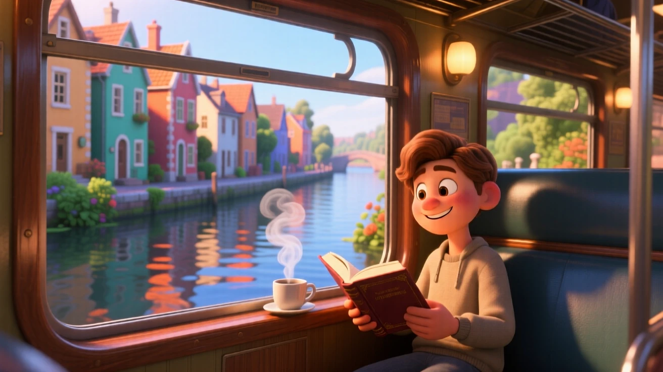 A commuter reading a book on a quiet train is captured along a canal lined with narrow houses, with steam rising gently from a nearby cup. The atmosphere feels cozy, human, and full of small joys.