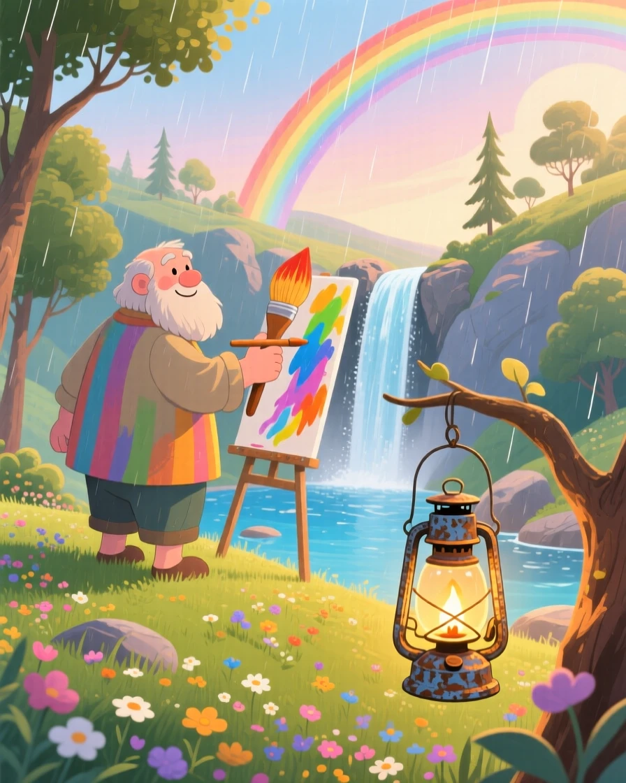A friendly giant is painting rainbows across the sky in a hidden valley behind a waterfall, while soft golden light spills from an old lantern.