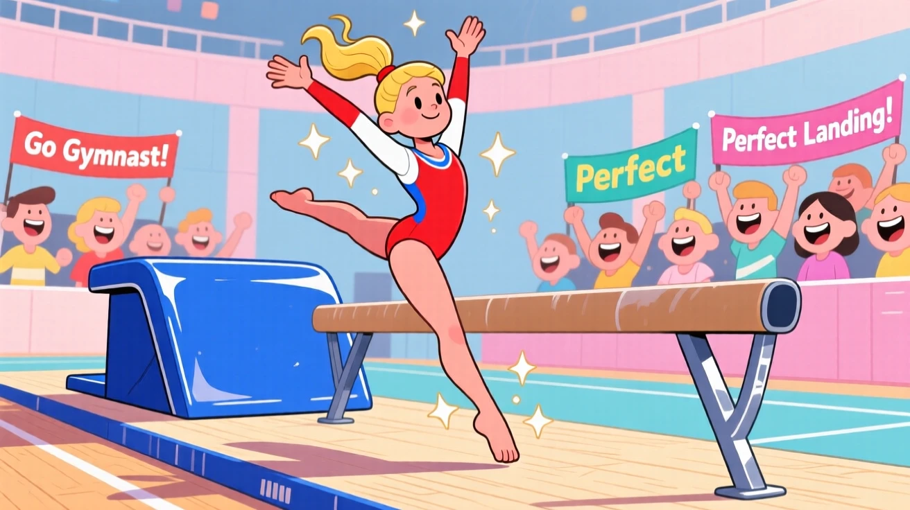 A gymnast sticking a perfect landing after a high vault.