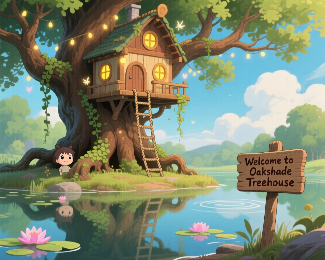 A charming view of a treehouse built among the sprawling branches of an ancient oak, reflected perfectly in a still nearby pond.