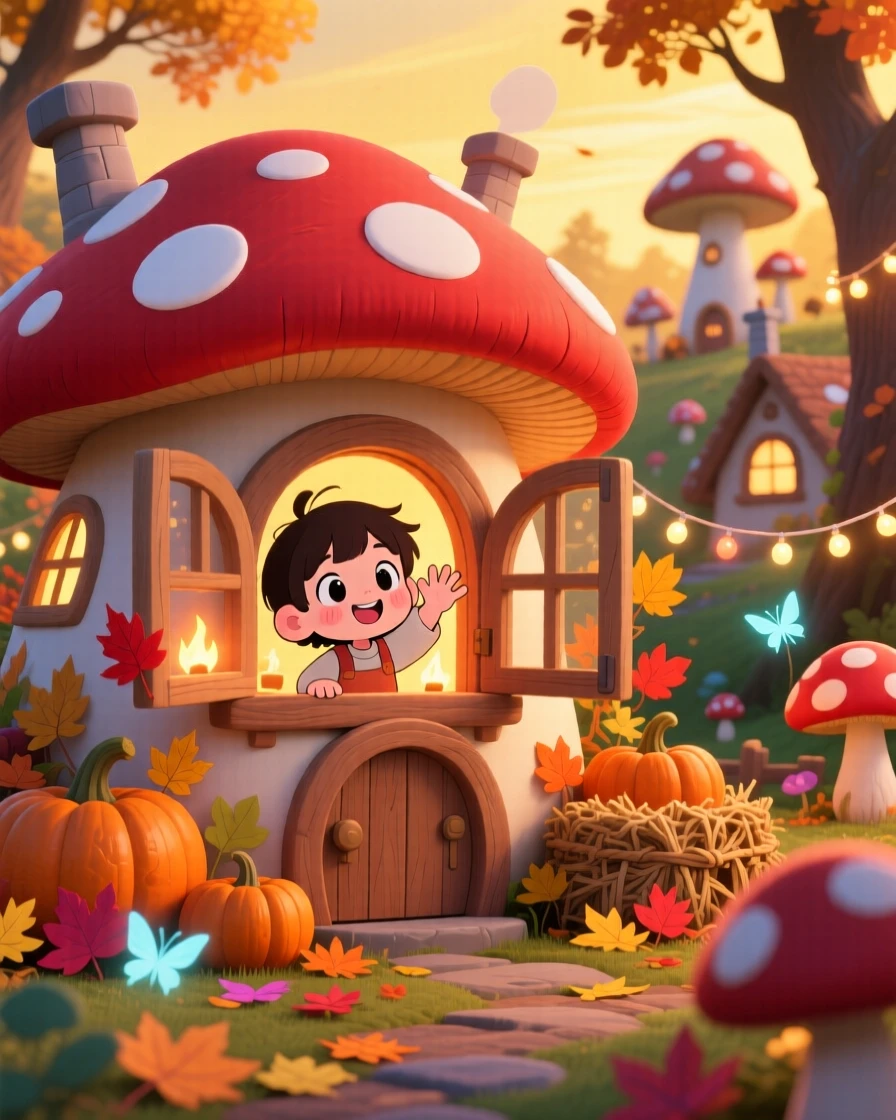 A small child waving from a window of a mushroom-shaped cottage in a whimsical fungal village during golden autumn harvest season; cozy firelight washes over the scene as delighted joy fills the moment. Silhouette composition.