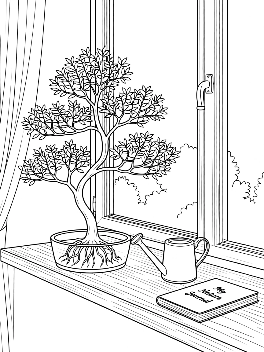 A bonsai tree on a wooden windowsill, with delicate roots visible through the glass.