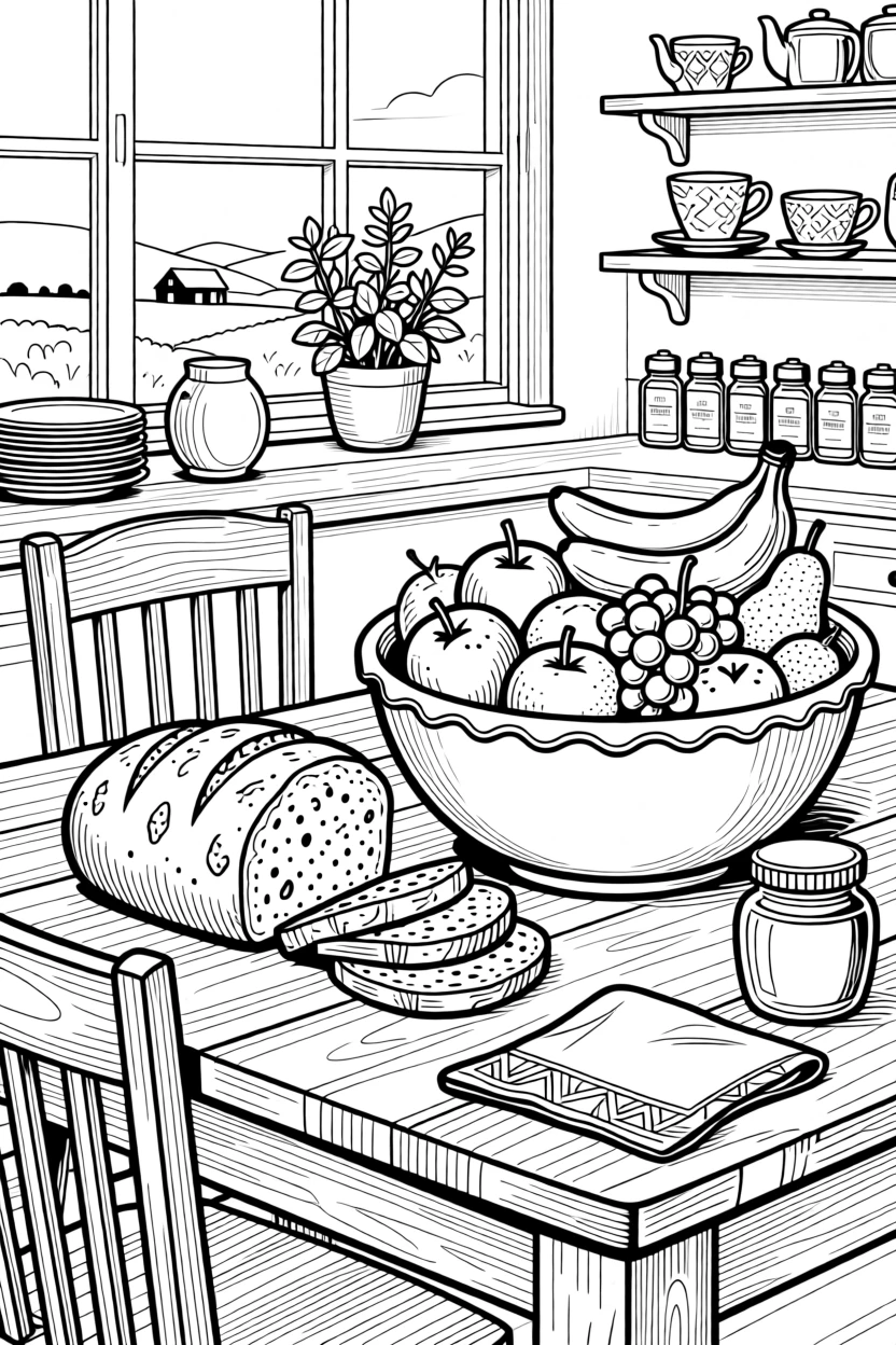 A rustic farmhouse kitchen table set with fresh bread and a bowl of fruit.