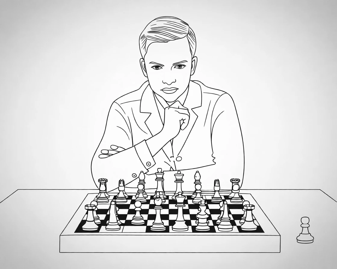 A chess player deep in thought over a game board