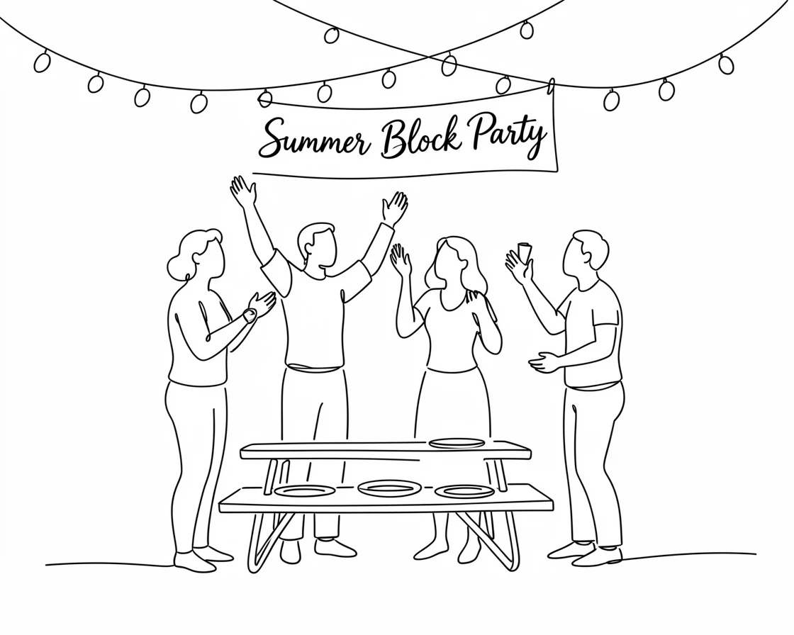 A group of neighbors gathered together for a lively summer block party
