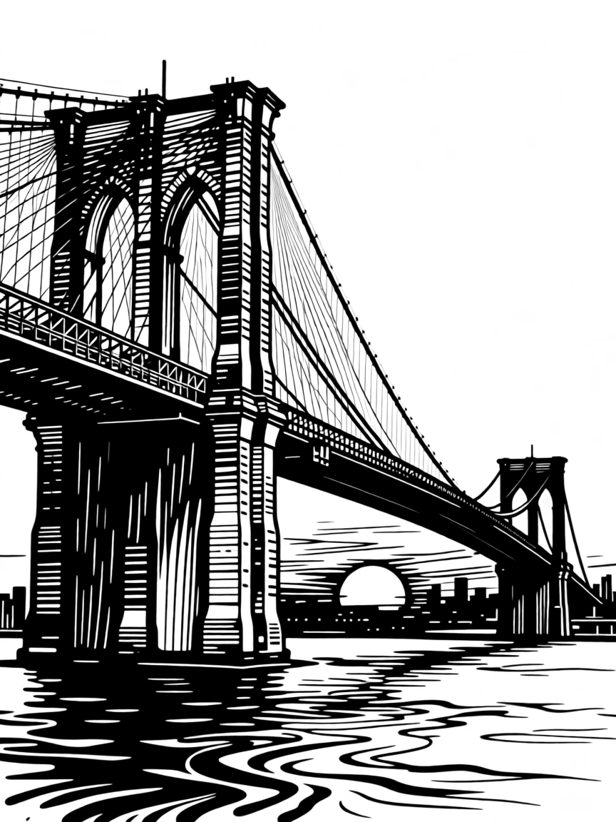 The Brooklyn Bridge stretching across the East River at sunset.