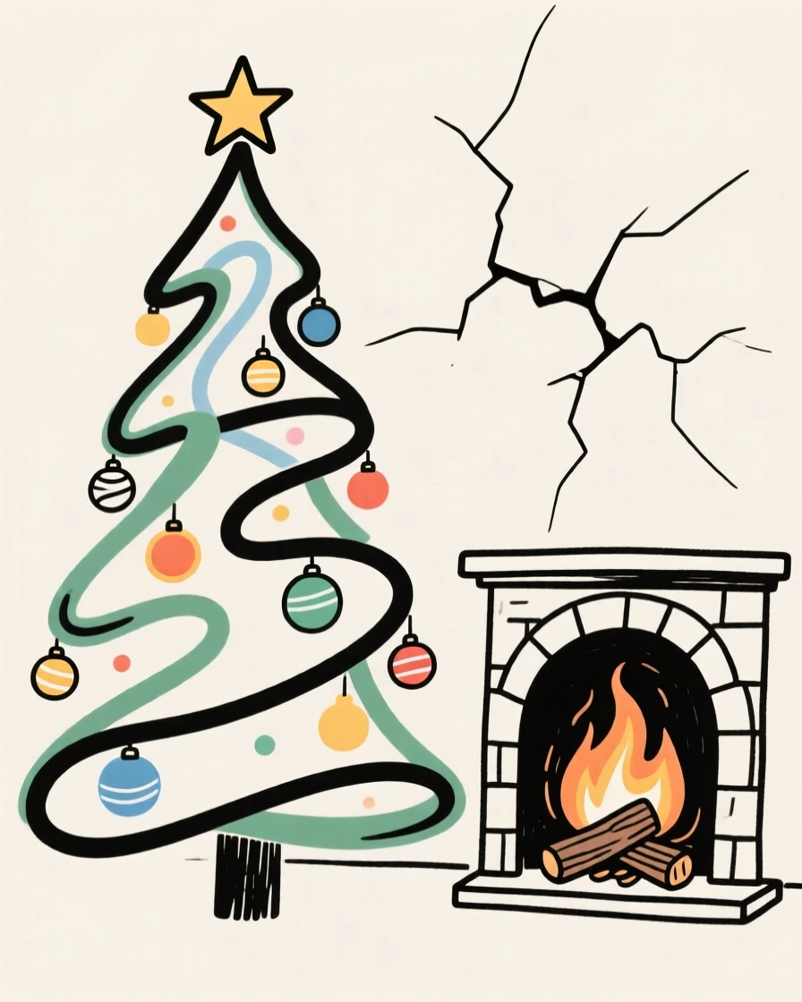 A decorated Christmas tree glowing beside a crackling fireplace.