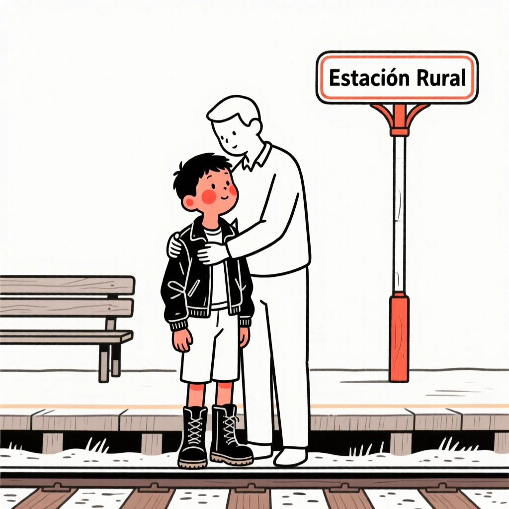 A little boy of Cuban heritage in a leather jacket and boots, sharing a tender embrace, at a rural train station.