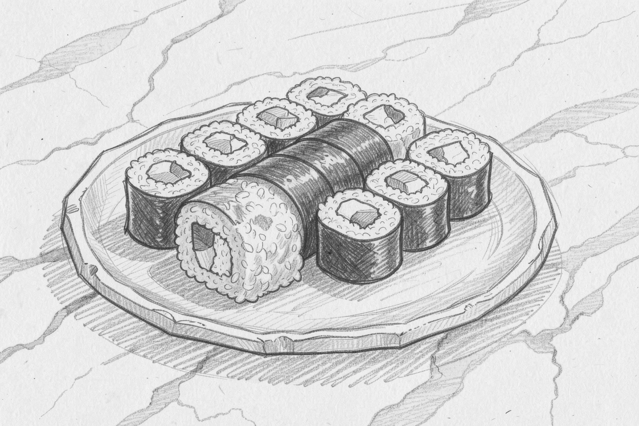 A platter of colorful sushi rolls on a marble countertop, with a rustic ceramic plate beneath it.