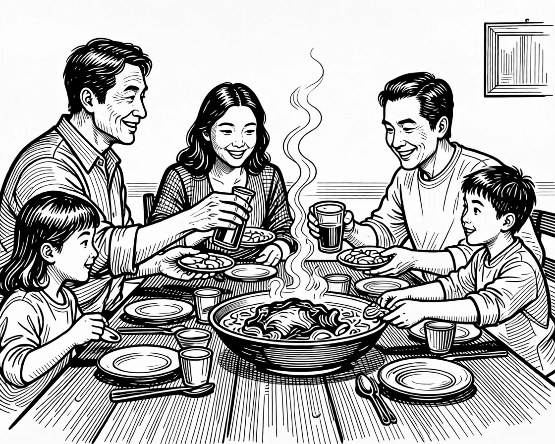 A family gathered around the dinner table sharing a warm evening meal.