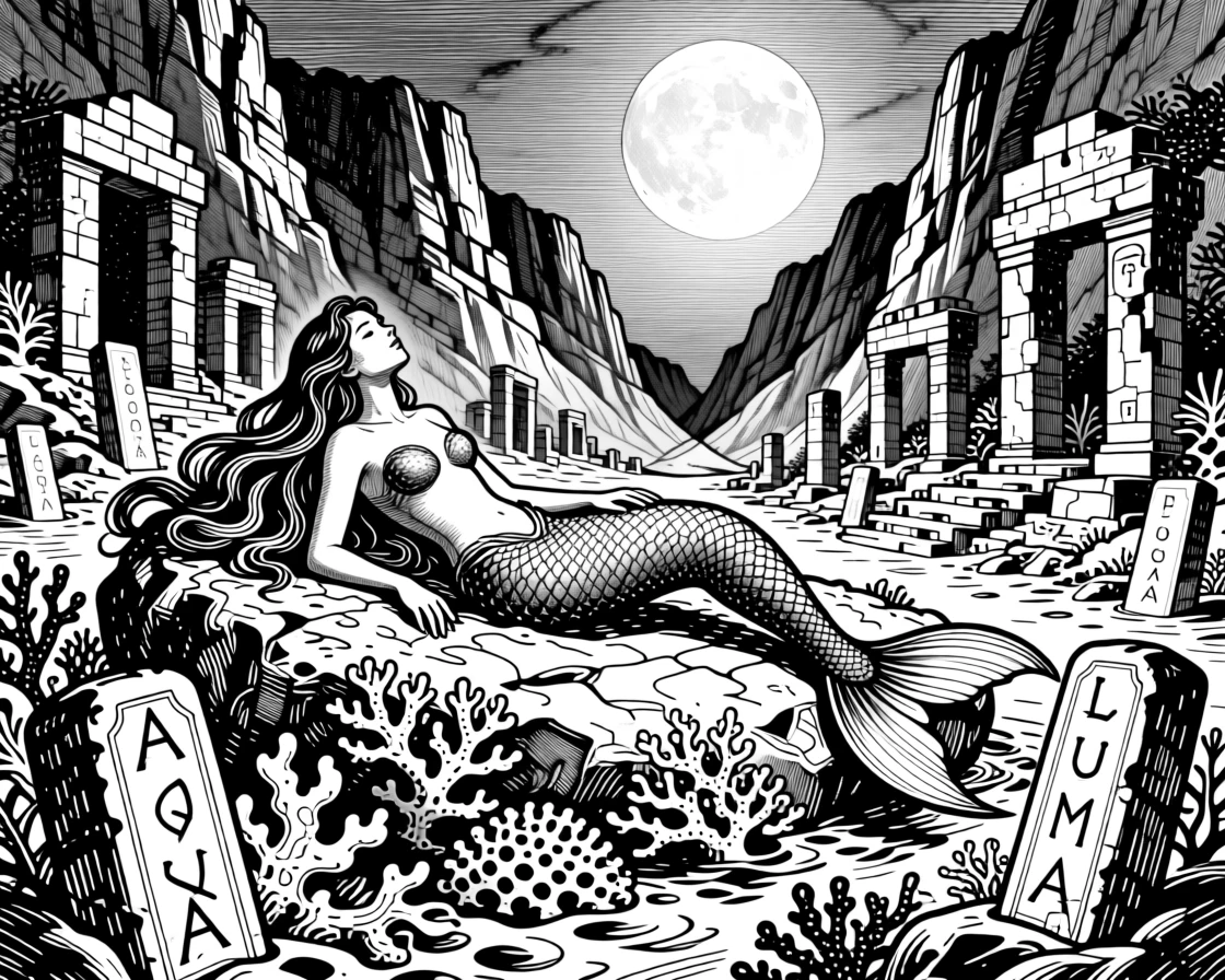 A mermaid resting on a moonlit reef in a valley scattered with ancient ruins, with glowing runes etched into ancient stone, forming an epic and dreamlike fantasy scene.