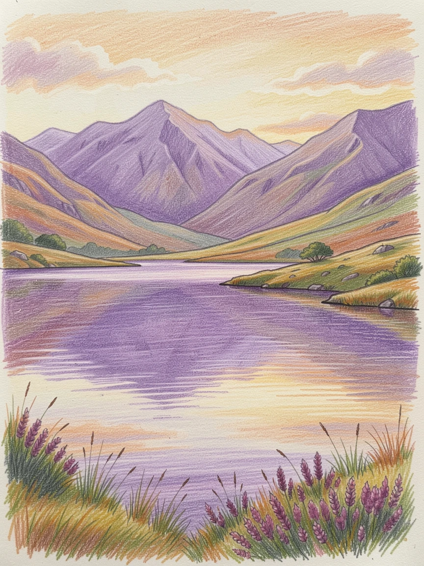 A Scottish highland loch reflecting misty purple mountains, bathed in the warm glow of golden-hour light, perfect for anyone drawn to gentle, heartfelt imagery.