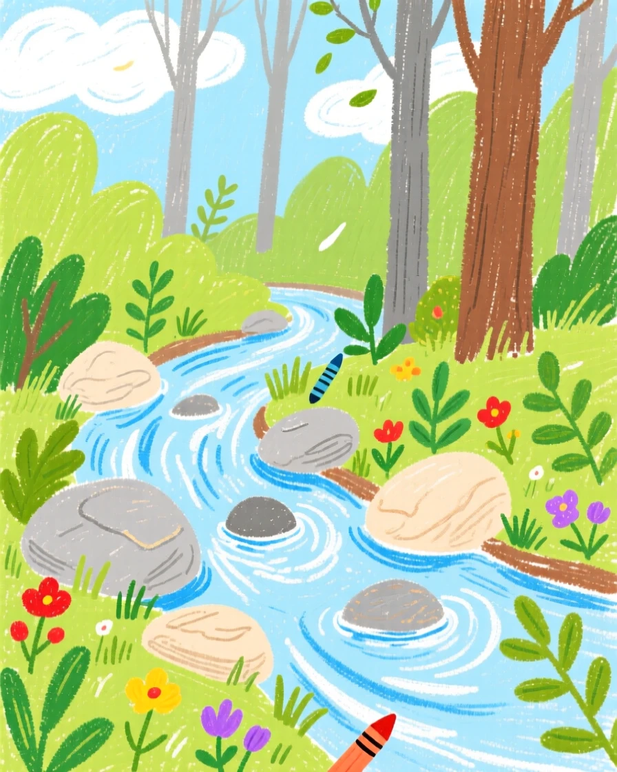 A gentle stream trickling over smooth stones in a green forest.