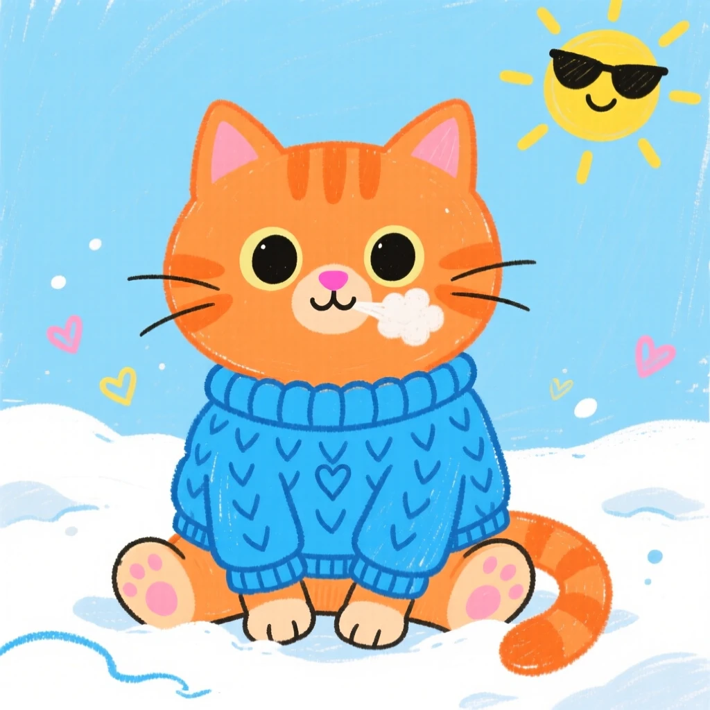 A fluffy orange kitten wearing a tiny knitted sweater on a cold morning.