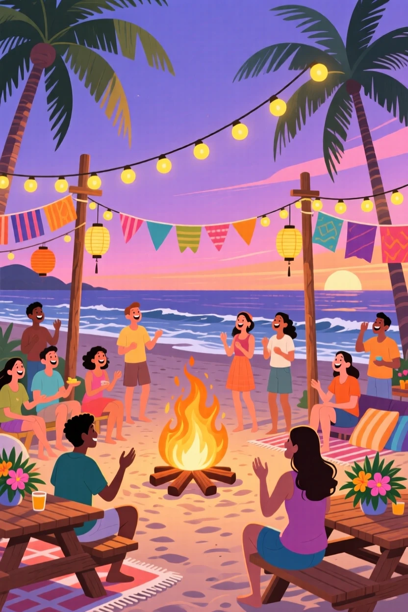 A festive summer beach party with a bonfire and string lights, set within a beautifully decorated outdoor venue, framed to highlight the excitement of the special occasion, with a joyful sense of togetherness and celebration.
