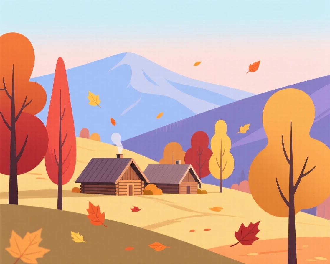 An autumn scene of leaves falling in a mountain village.
