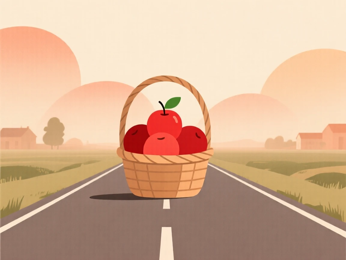 A summer heat haze covering a quiet countryside road as a basket of apples appears in the distance, full of crisp freshness.