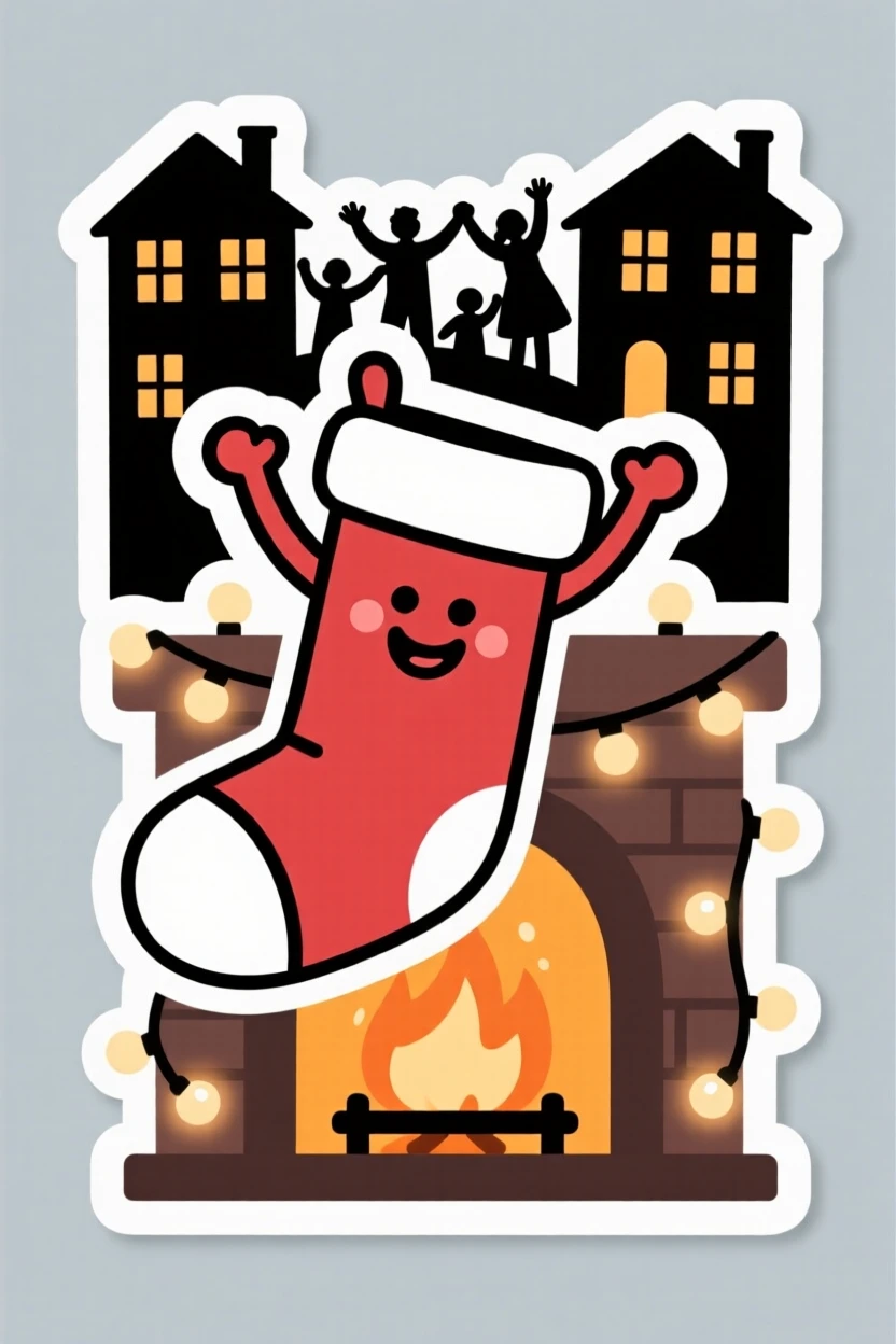 A spirited and joyful stocking hung by a cozy fireplace, surrounded by twinkling fairy lights, as the whole neighborhood celebrates together.