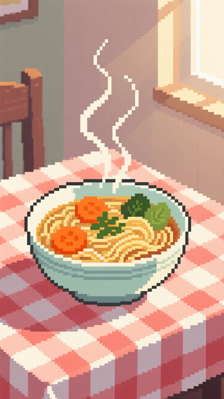 A steaming bowl of noodle soup arranged neatly on a checkered tablecloth, in a sunlit breakfast nook.
