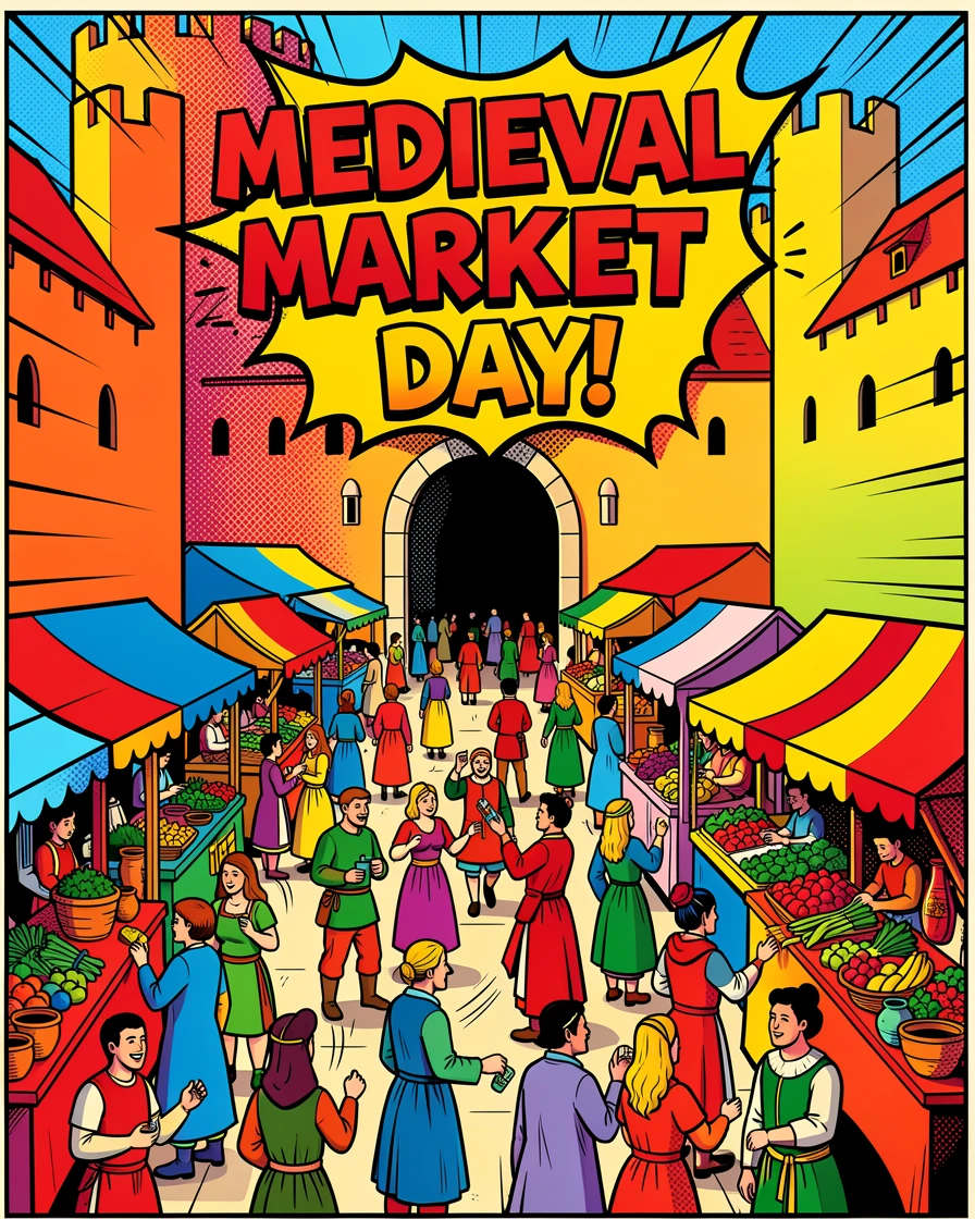 A medieval castle courtyard bustling with market stalls