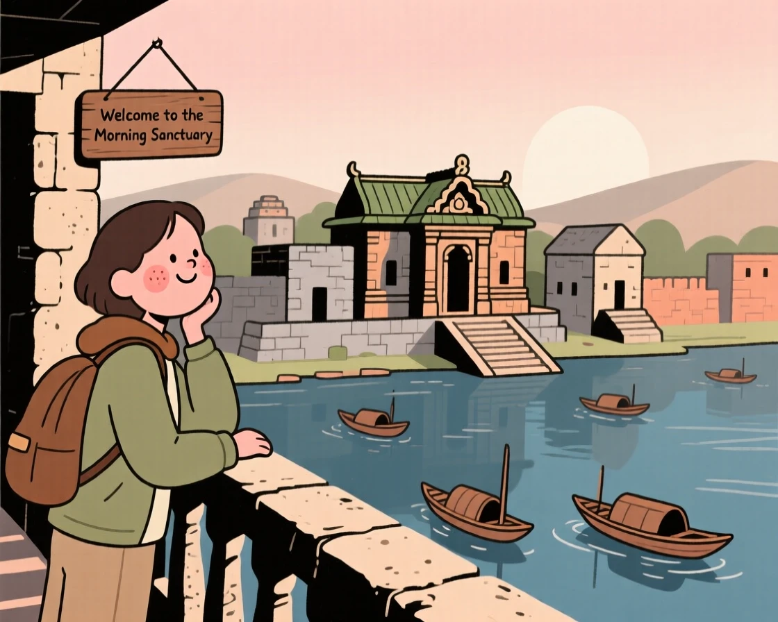 A traveler pauses on a narrow balcony overlooking an ancient temple complex, watching boats gliding along the water as the early morning light settles over the scene.