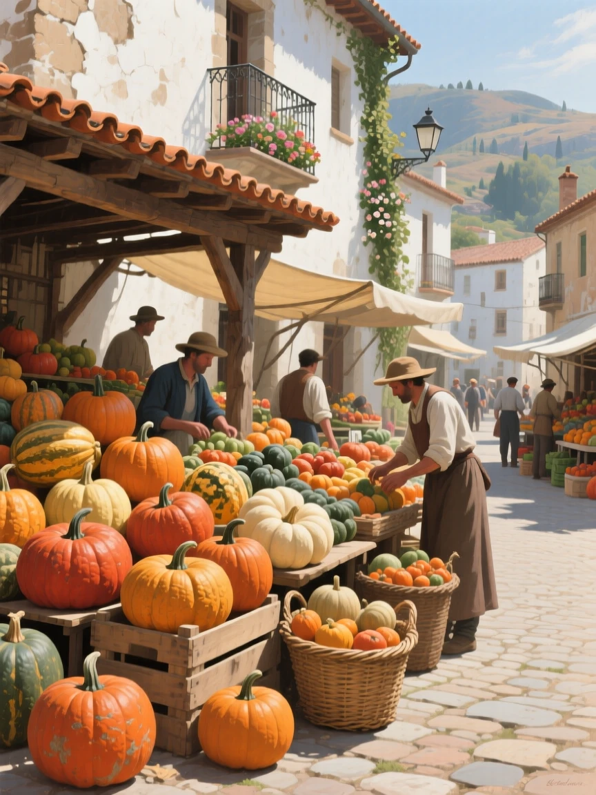 A medium shot of a farmer's market overflowing with pumpkins and autumn squash, in a Spanish hill town, at midday.