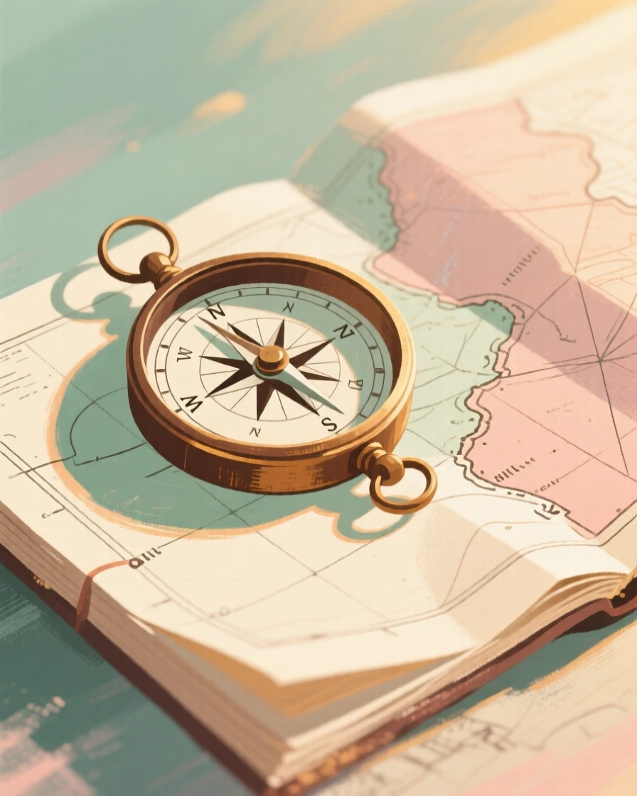 An old compass resting atop a folded nautical map