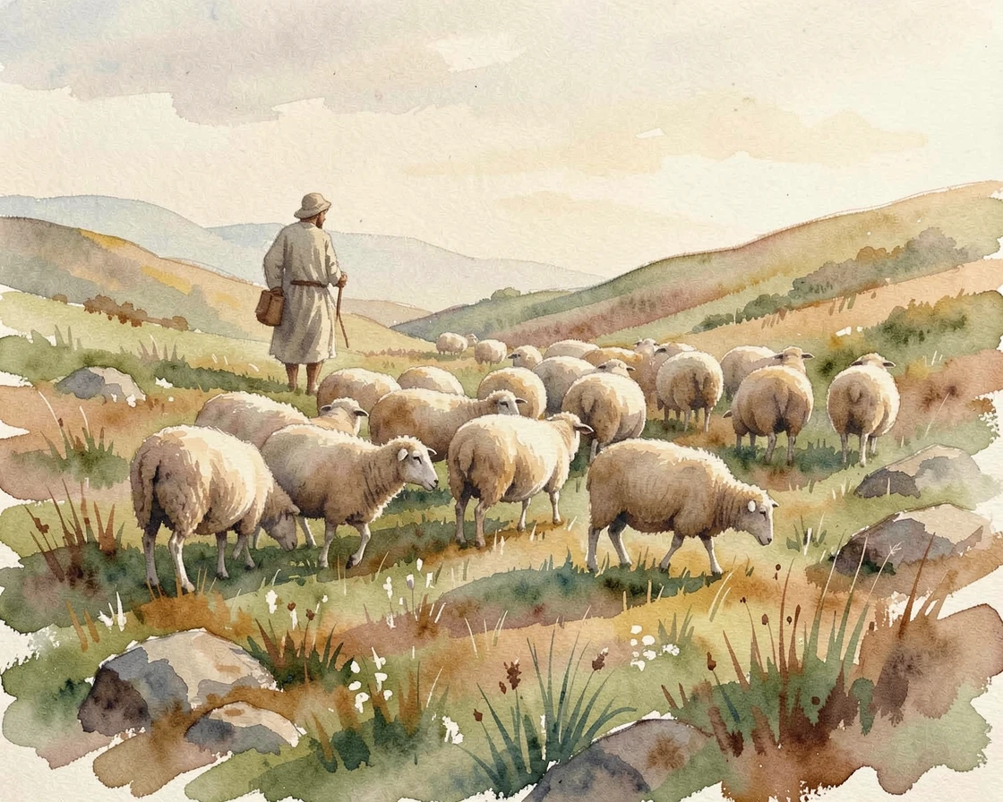 A shepherd walking with a flock across a hillside with soft natural light illuminating the scene.