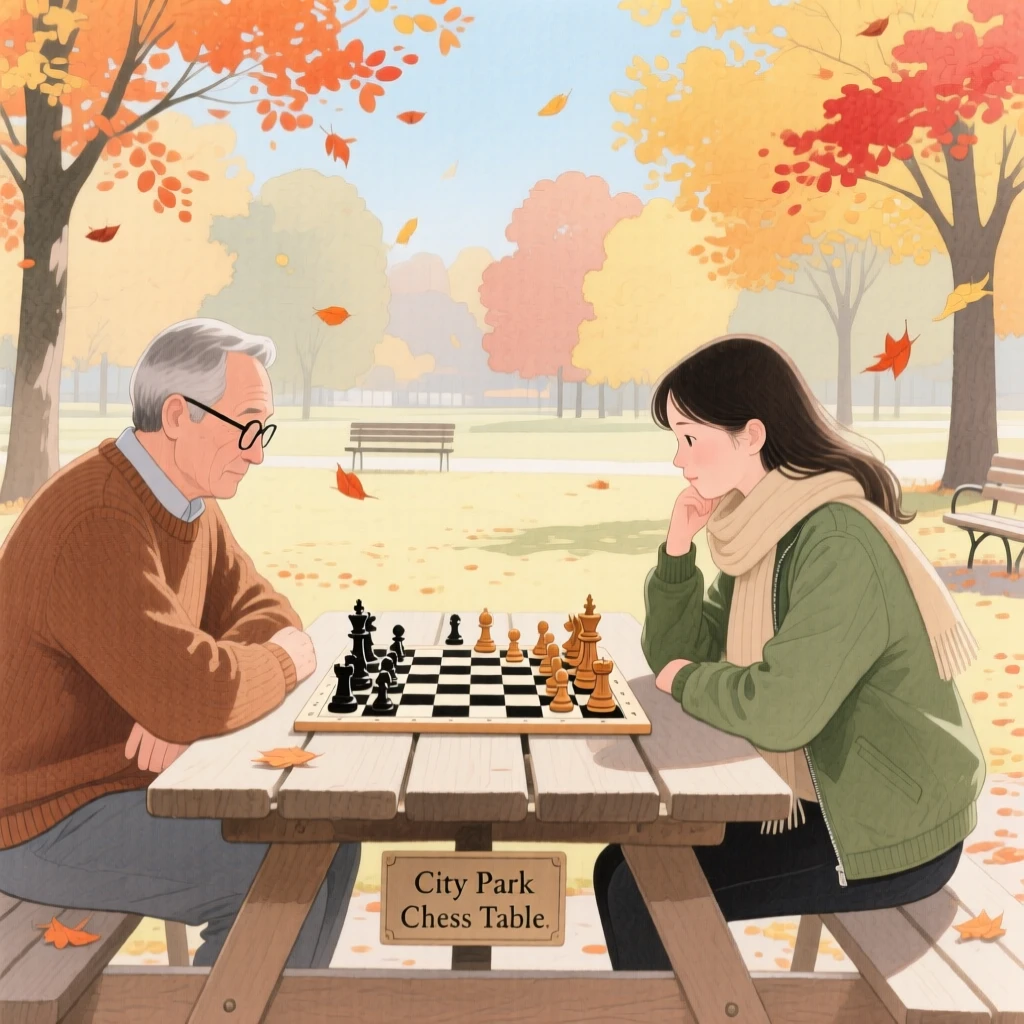 A chess match unfolds on a park table beneath autumn trees as two players consider their next move
