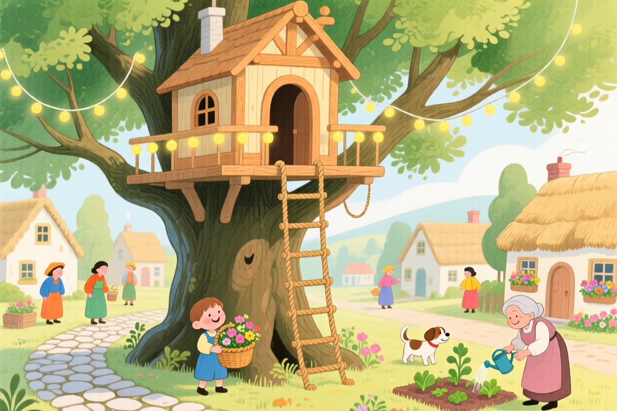 A treehouse with a rope ladder and fairy lights, bustling gently with everyday village life.