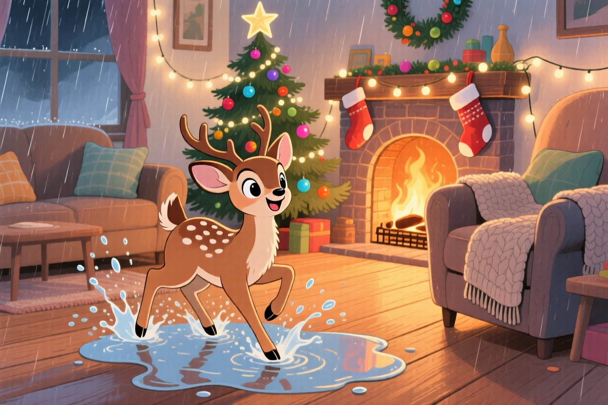 A young deer splashing happily in a puddle after rain, set in a snug living room decorated for the holidays, brimming with cozy comfort.