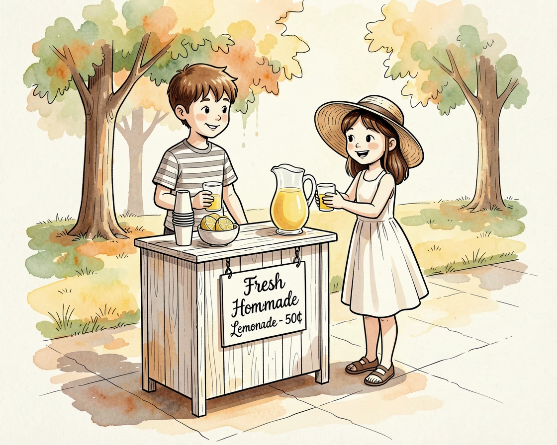 A summer lemonade stand run by two children on a sunny sidewalk, a nostalgic, comforting atmosphere settling over the scene.