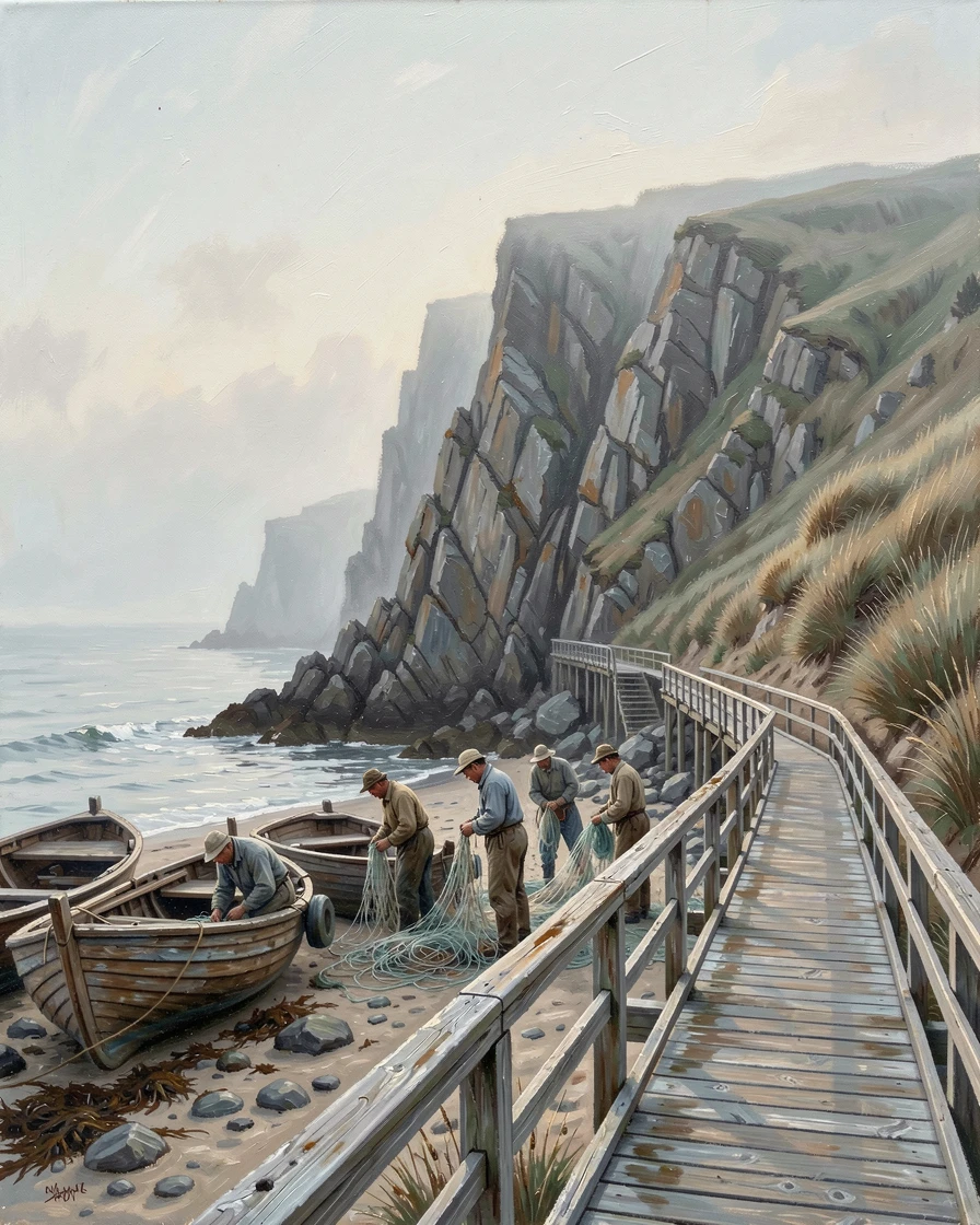 A dramatic cliffside coastline, fishermen mending their nets beside beached boats, with a winding wooden boardwalk leading to the dunes, in early morning fog, the coastline barely visible.