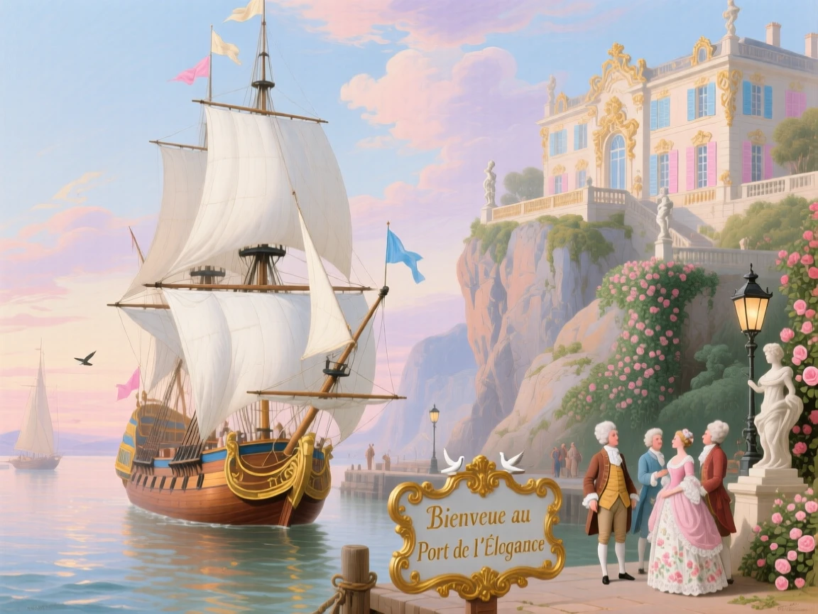 A ship arriving at a harbor beneath a palace perched on a cliff  