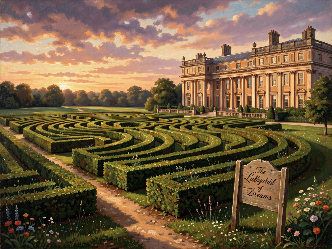 A garden maze stretches across manicured lawns beside a grand estate.