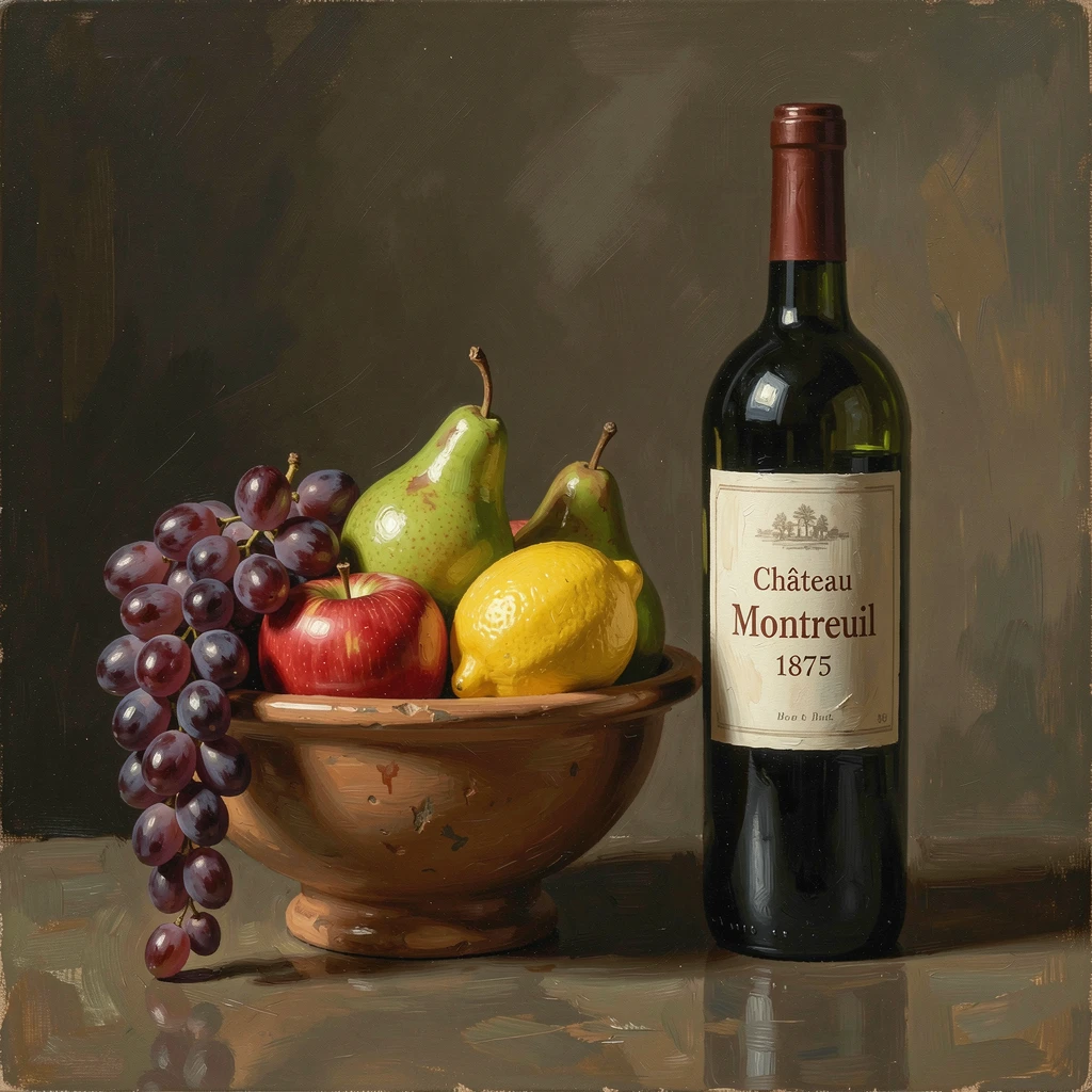 A bowl of fresh fruit arranged beautifully beside a bottle of red wine, captured with meticulous attention to material and craftsmanship, offering a classic, gallery-worthy still life composition