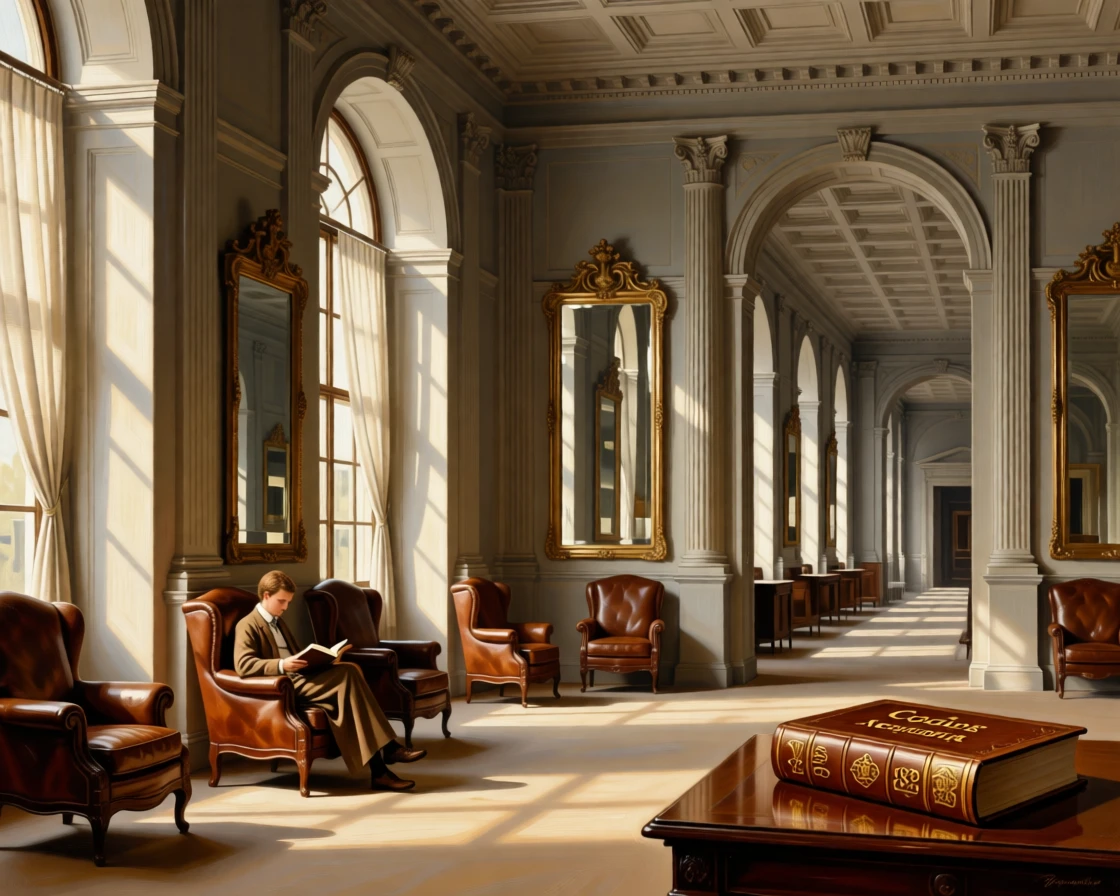 A quiet reading room with leather armchairs beside tall arched windows holding the quiet grandeur of a bygone era, set inside a grand academy of art and learning, with tall mirrors reflecting endless corridors of light and shadow; a lone figure or object provides scale against the soaring architecture, capturing the serene majesty of a space built to inspire awe.
