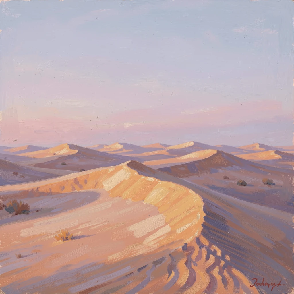 A dramatic desert sand dune landscape at sunrise, ripples of sand glowing orange under a clear sky, at golden sunrise, conveying a feeling of romance and tranquility.