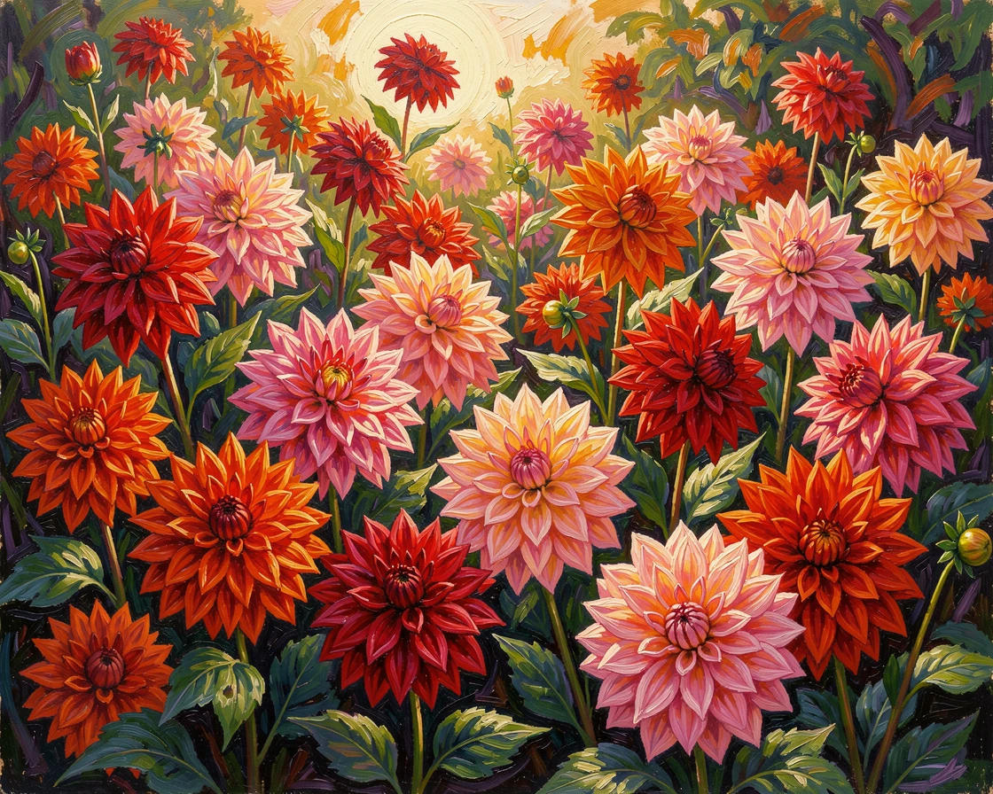 A dahlia garden at its peak, blooms in every shade of red, orange, and pink.