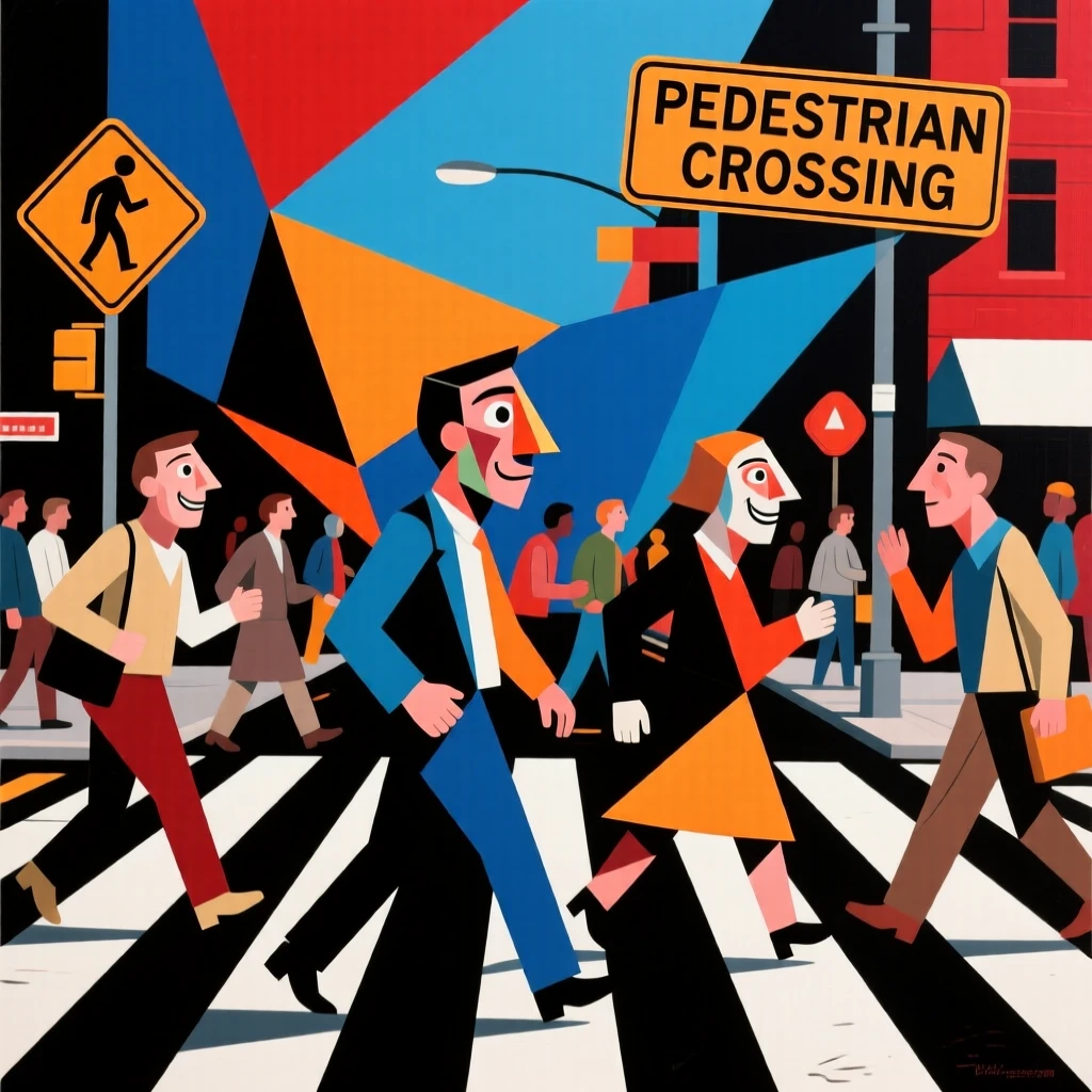 A vibrant scene of a bustling crosswalk filled with the chatter of locals and travelers.